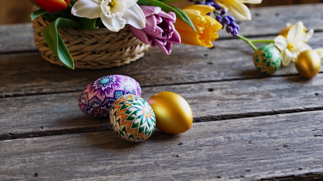 A rustic video still of colorful Easter eggs and spring flowers on a wooden table