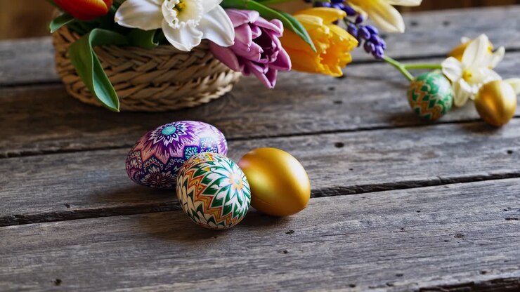 A rustic video still of colorful Easter eggs and spring flowers on a wooden table