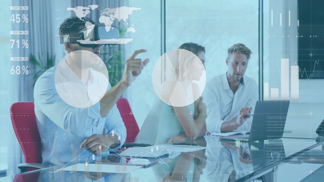 현대 사무실에서 비즈니스 회의를 통해 가상 현실 데이터 분석 애니메이션