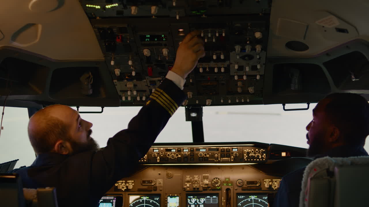 Diverse team of airliners turning on switch and buttons