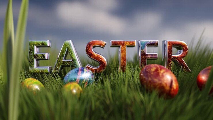 Easter letters stand bright in vivid grass. Colorful eggs lie nearby, softly glowing. Natural light bathes the scene in warmth. Background sky shows gentle clouds, calm