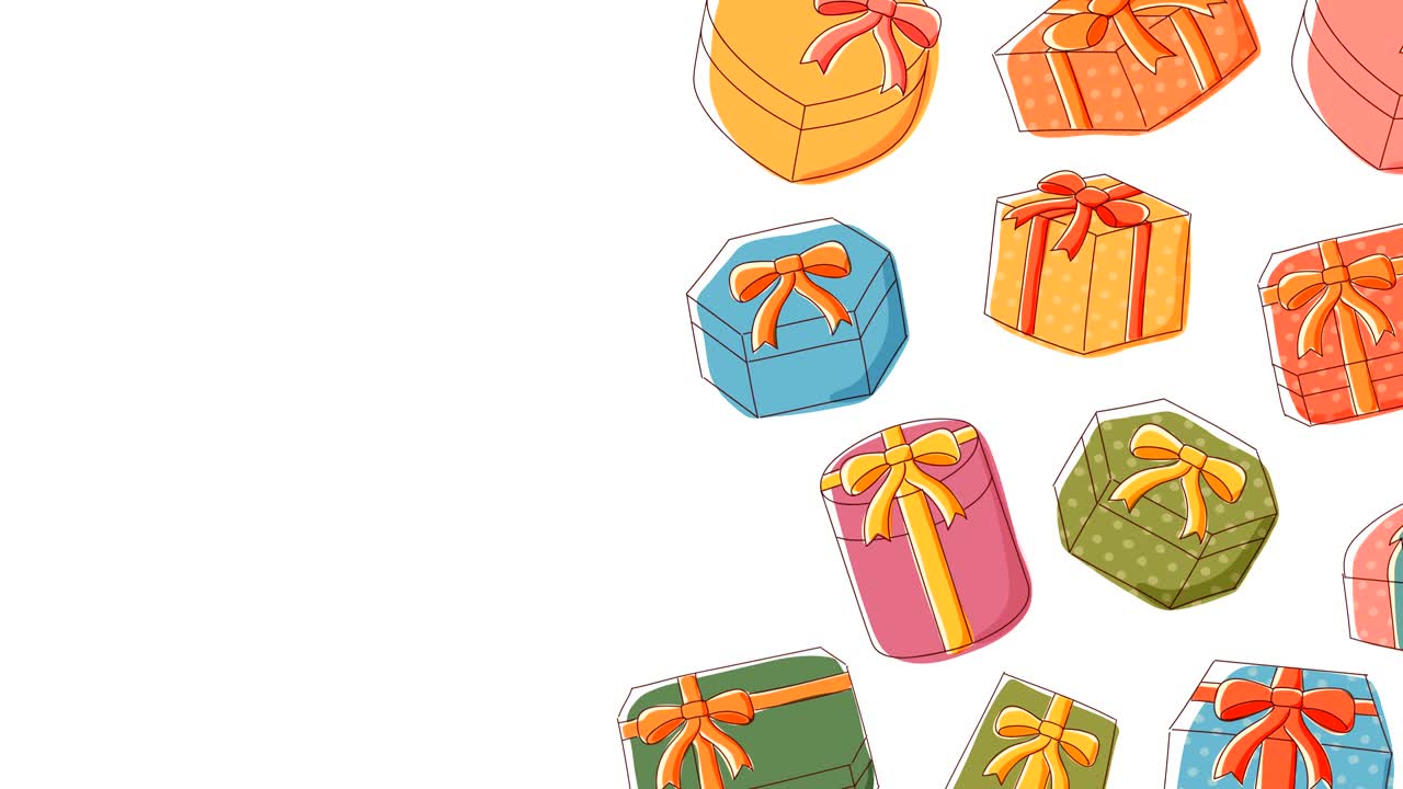 Gift box icon moving pattern background cartoon kids hand drawing illustration, Happy Birthday concept design isolated on white background seamless looping animation 4K, with center copy space