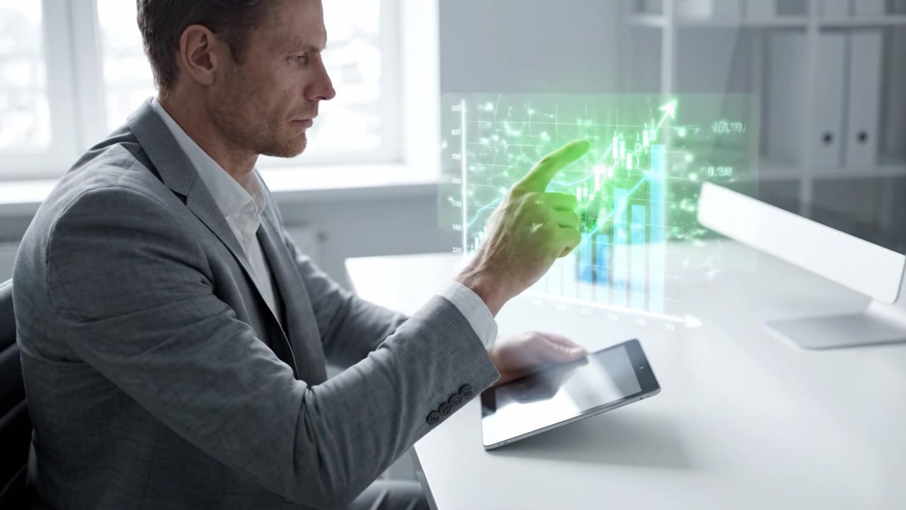 Un uomo professionista che analizza le tendenze dei dati su un tablet mentre è seduto a una scrivania moderna con un allestimento d'ufficio minimalista e presentazioni di visualizzazione grafica dei dati