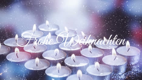 animación de frohe weihnachten saludos de navidad texto sobre velas de té y nieve cayendo.