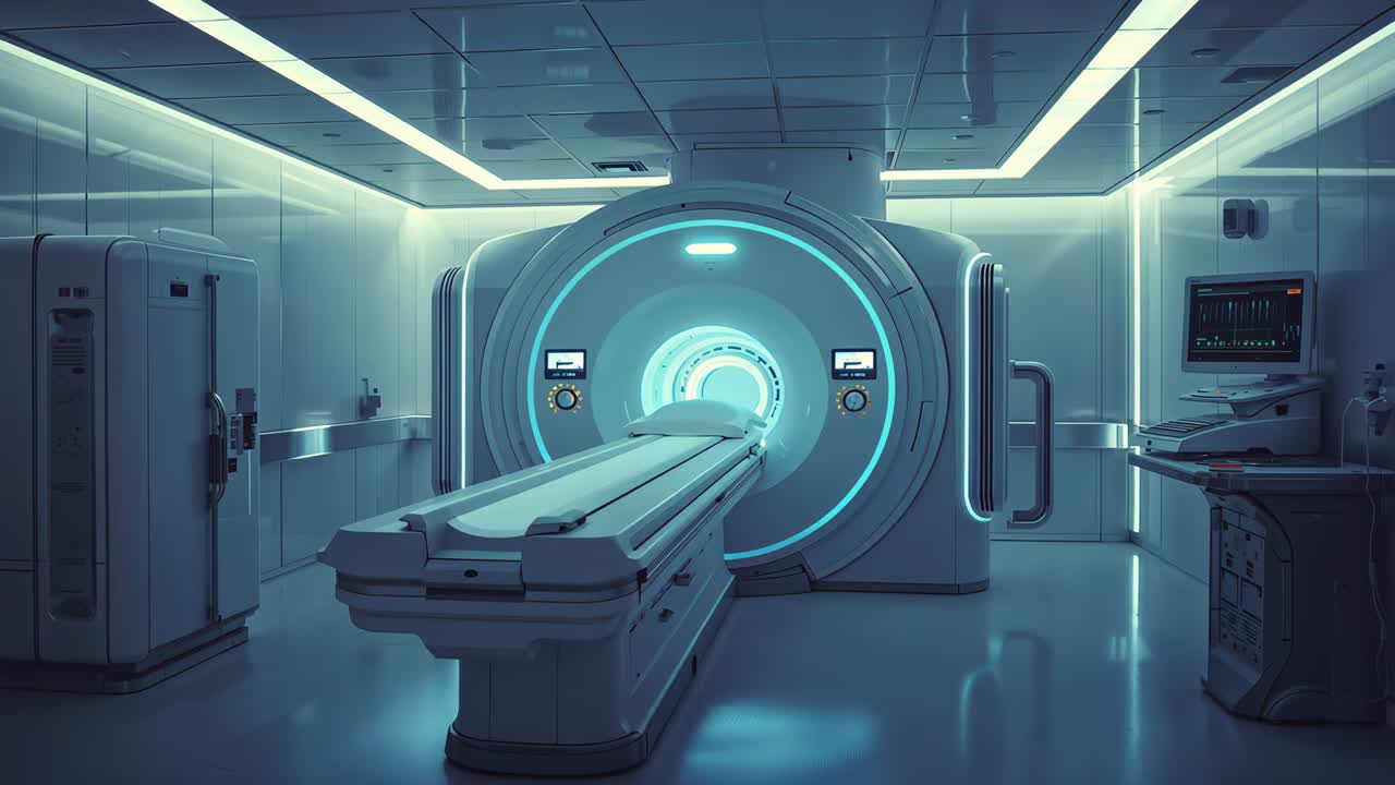 Initiating pre-scan, MRI gantry sliding patient couch into bore in MRI room, touch displays glowing