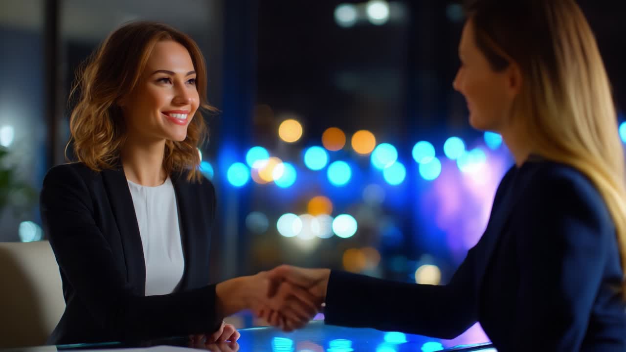 Professional Business Meeting with Two Women in a Modern Office Space, Engaging in a Handshake, Illuminated by a Cityscape Backdrop, Emphasizing Collaboration and Professionalism