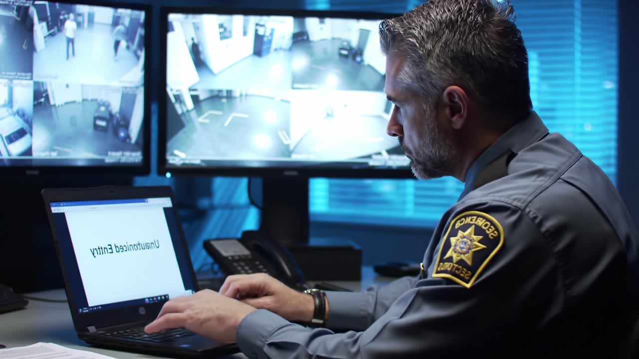 A Law Enforcement Officer Analyzing Surveillance Footage on Multiple Monitors While Engaged in Detailed Typing for Incident Reporting and Documentation
