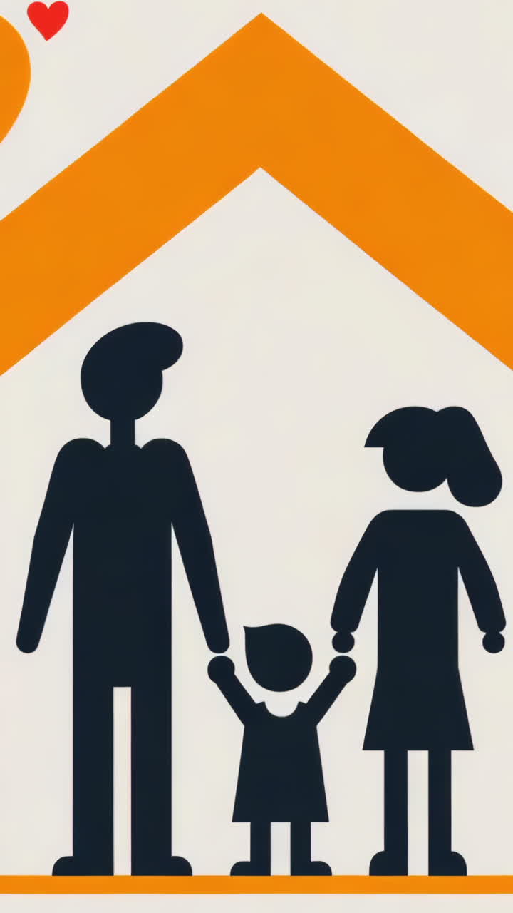 A family of three, a man, a woman and a child, are holding hands in front of a house