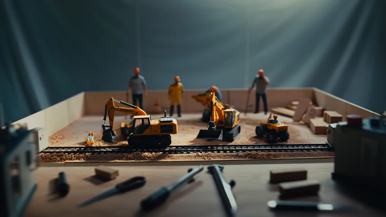 Miniature Construction Site Diorama with Workers and Equipment