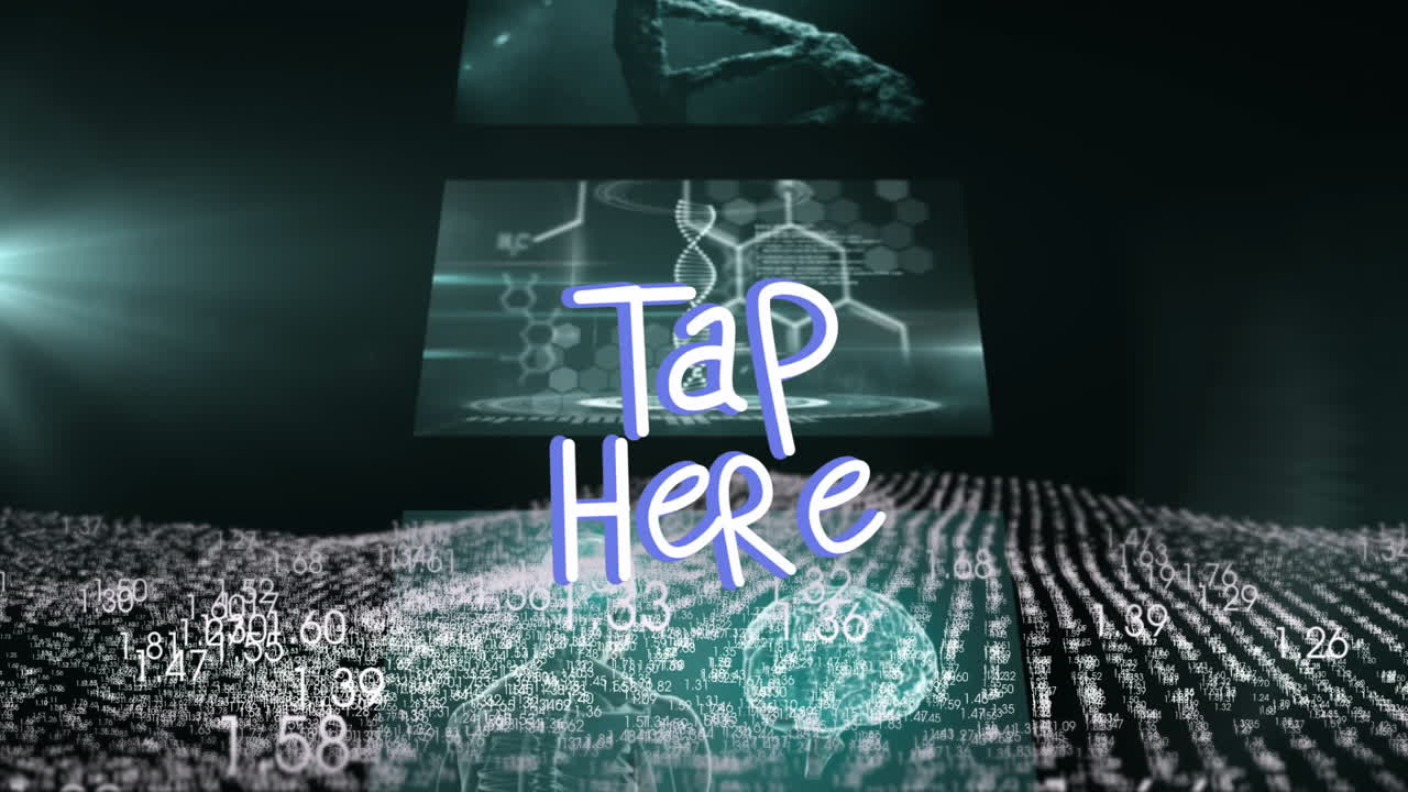 Neon green Tap Here text pulsing over floating data panels and numeric particles in 3D render