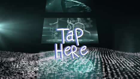 neon green tap here text pulsing over floating data panels and numeric particles in 3d render