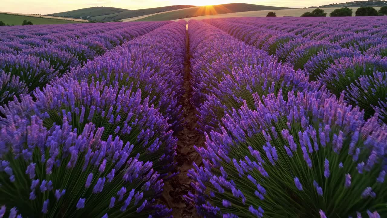 A stunning low-angle video shot of a lavender field at sunset, capturing vibrant purple rows