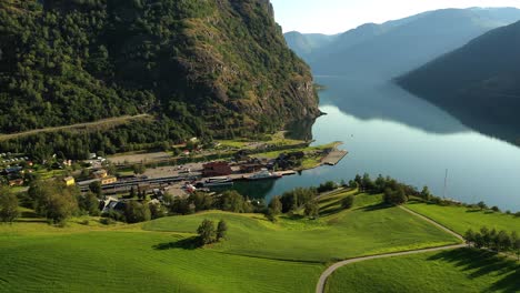 aurlandsfjord town of flam at dawn.