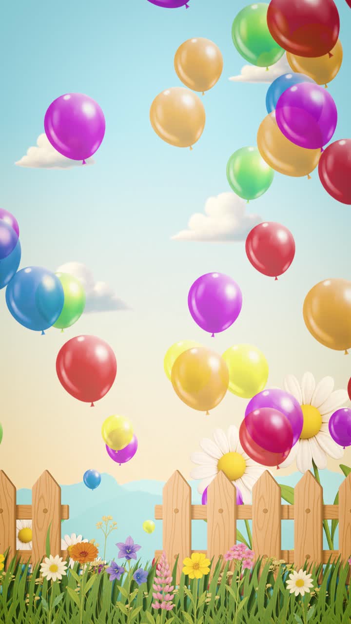 Orientamento verticale (9:16) di un luminoso giardino estivo con margherite e palloncini colorati fluttuanti. Animazione in loop continuo ottimizzata per schermi mobili e storie sui social media.