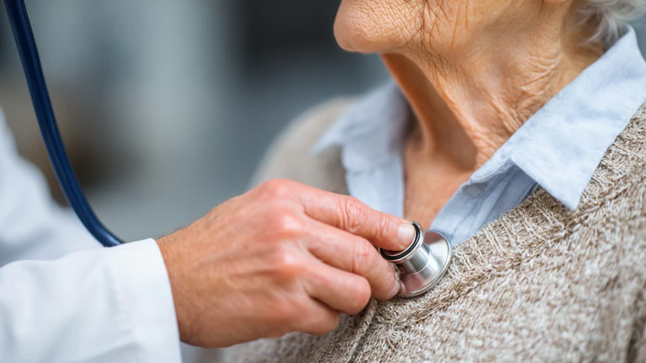 A Compassionate Doctor Examines an Elderly Patient with a Stethoscope to Ensure Their Health and Well-Being During a Routine Medical Check-Up