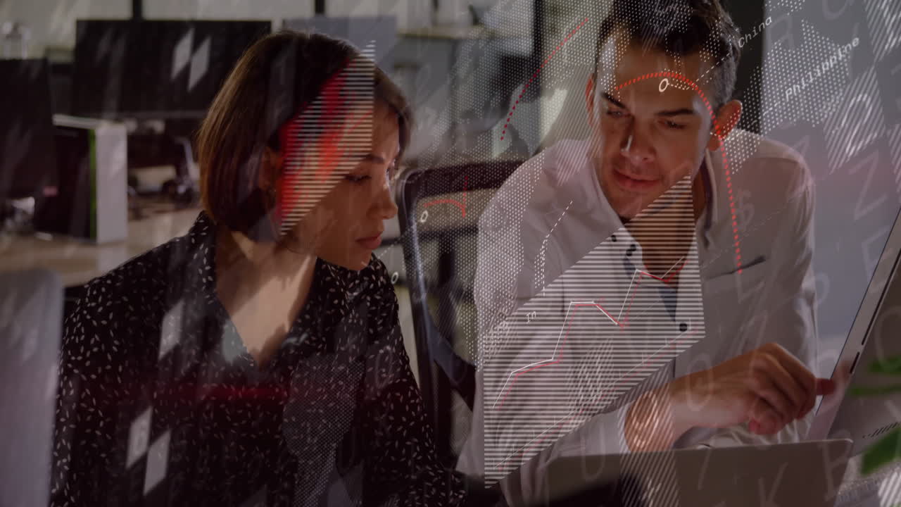 Discussing financial graphs, business professionals analyzing data in animation meeting