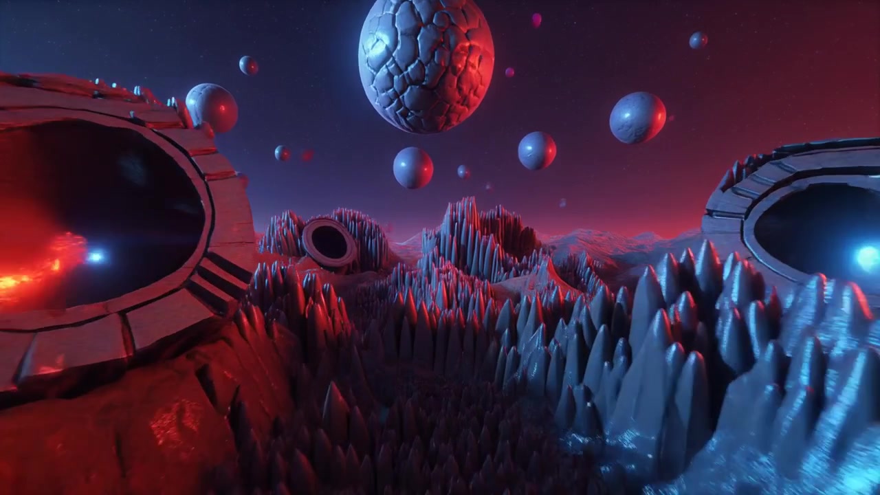 Surreal Alien Landscape with Floating Spheres and Metallic Structures