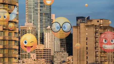 Animación-De-íconos-Emoji-Volando-Sobre-El-Paisaje-Urbano