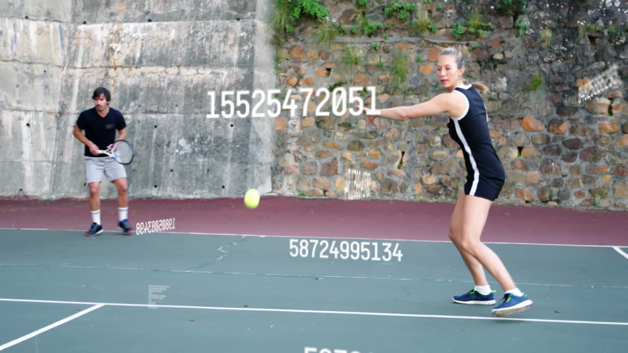 man crouching on court while woman swinging racket, showing sports technology via floating codes