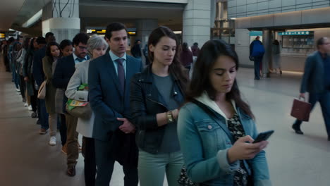people waiting in a long line at a public transportation hub