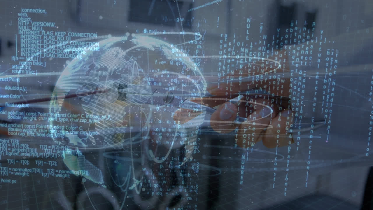 animación de procesamiento de datos y globo sobre las manos de un médico caucásico