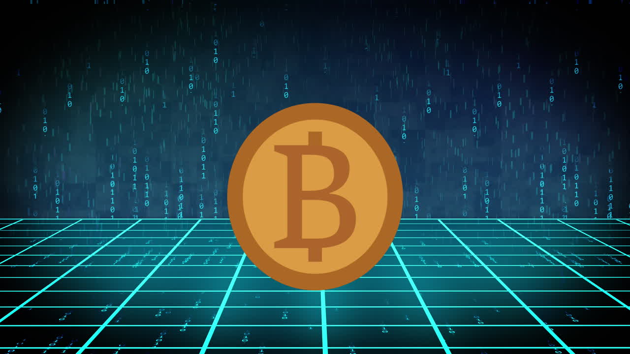 animación de bitcoin sobre codificación binaria en fondo negro