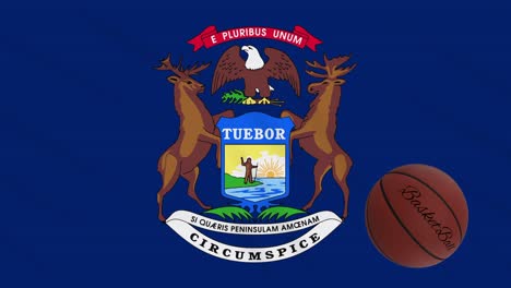 michigan flag waving and basketball ball rotates, loop