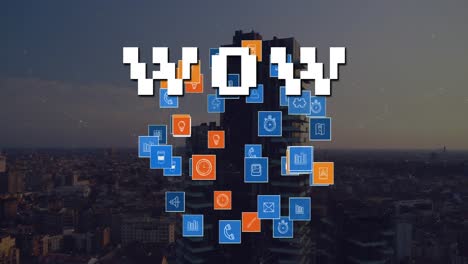 Animation-of-wow-text-and-social-media-icons-over-cityscape