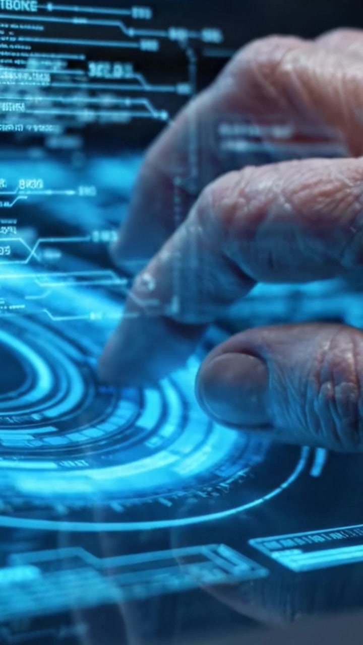 Exploration of Cutting-Edge Interfaces: A Close-Up of an Elderly Hand Interacting with a High-Tech Touchscreen Display in a Futuristic Environment