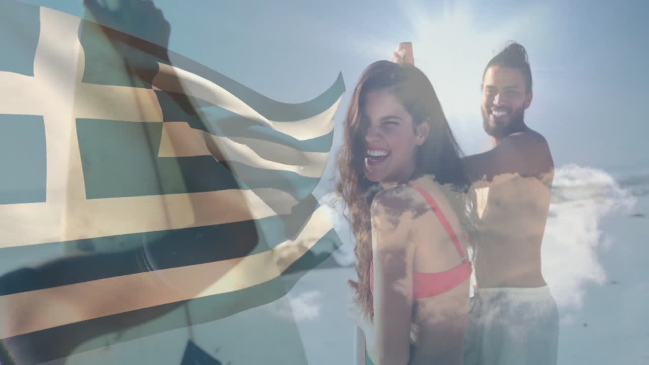 Greek flag waving over couple on beach, creating animation in sunlight