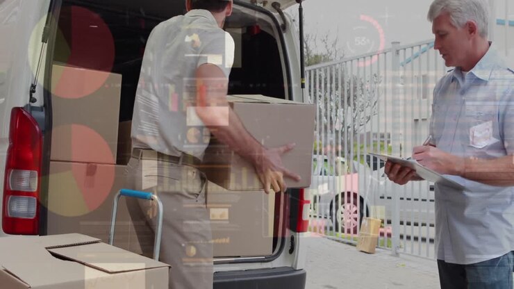 Animation of data processing over man packing boxes into car