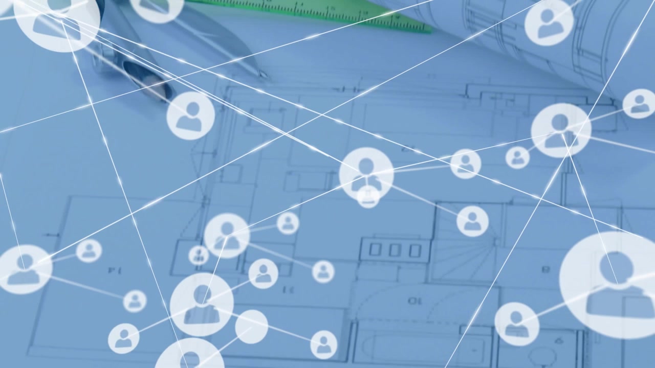 Single user icon appearing, spawning lines and nodes over blueprint, displaying network expansion