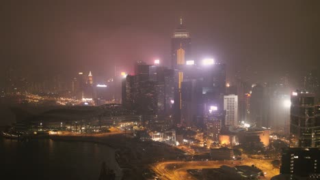 hong kong cityscape at night, foggy weather