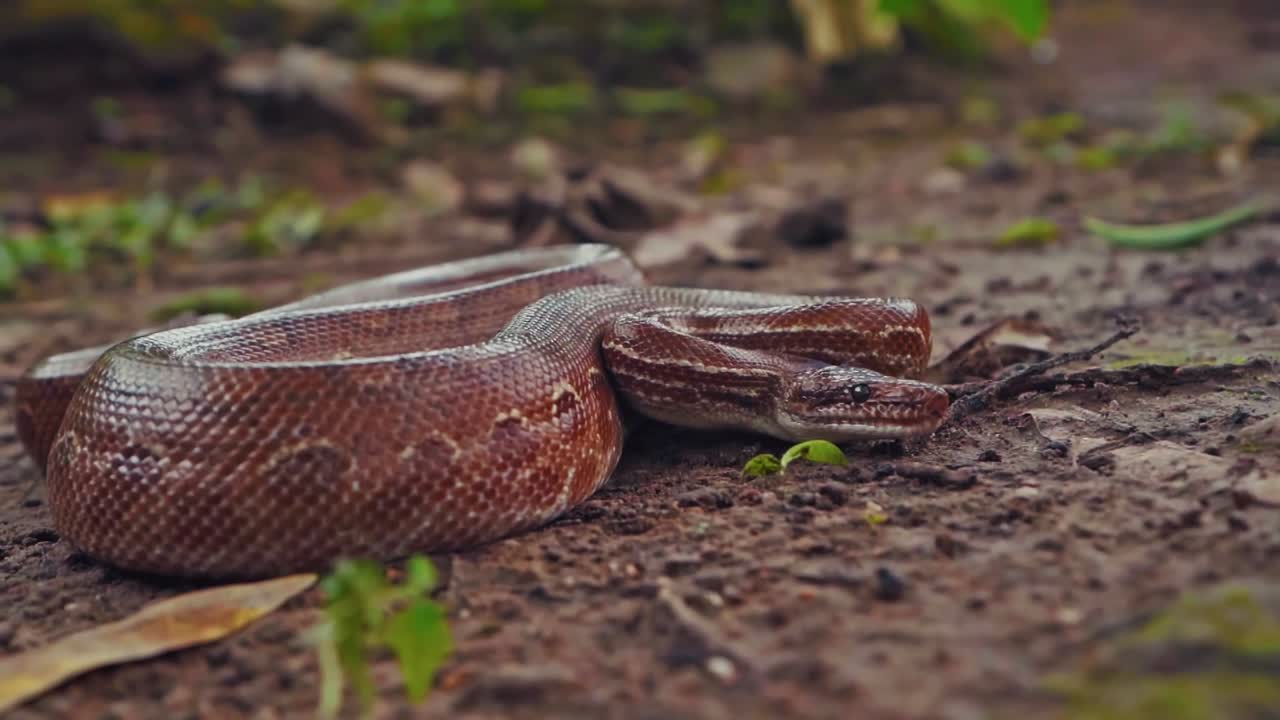 Epicrates cenchria crawling on the ground in a close-up shot, showcasing its vibrant skin and scales in the natural habitat of Chapada dos Veadeiros, Brazil