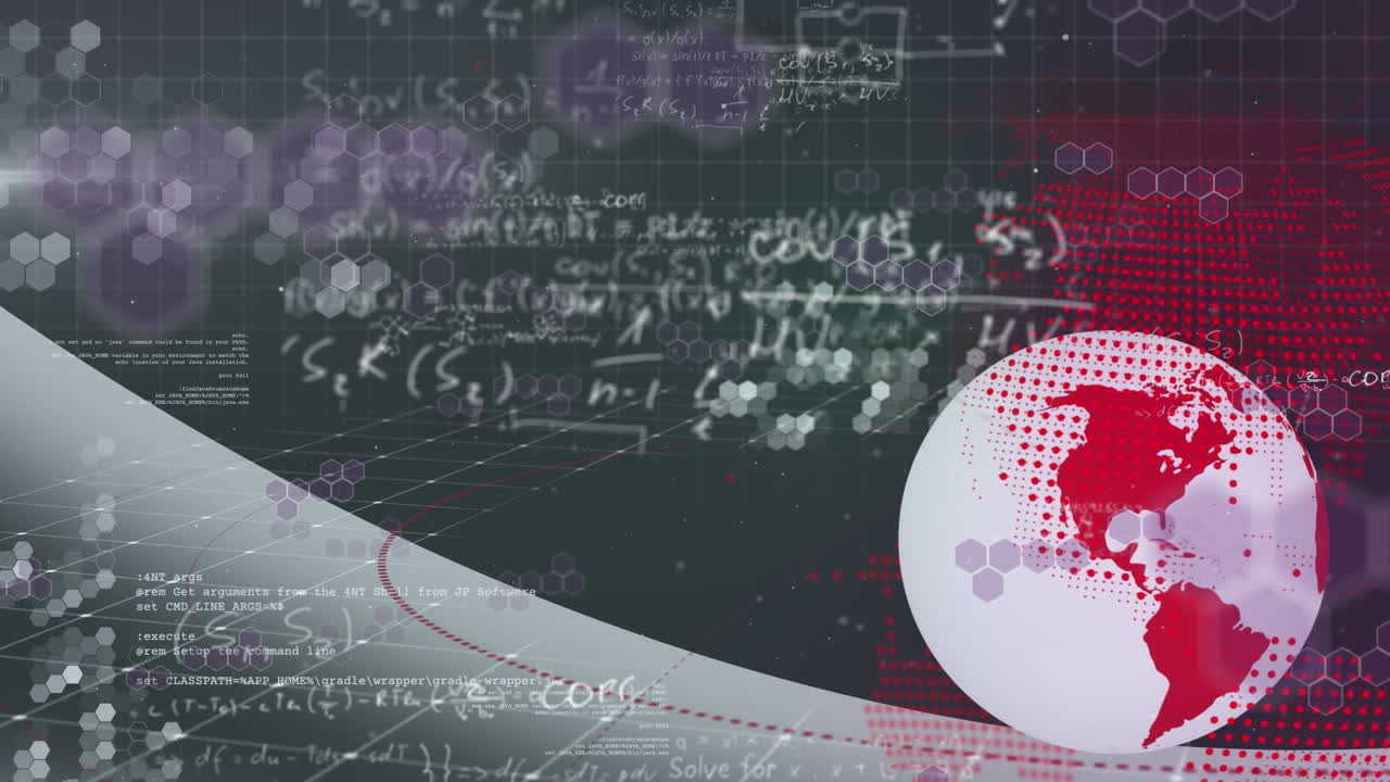 디지털 화면에 과학 수식과 지구의 애니메이션