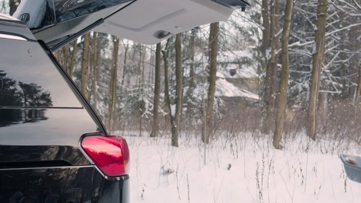 Vue latérale d'un homme vêtu de vêtements d'hiver, rangeant des affaires dans le coffre d'une voiture dans une forêt enneigée.