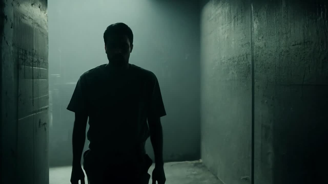 죄수 한 명 이 어두운 복도 에 서 있다
