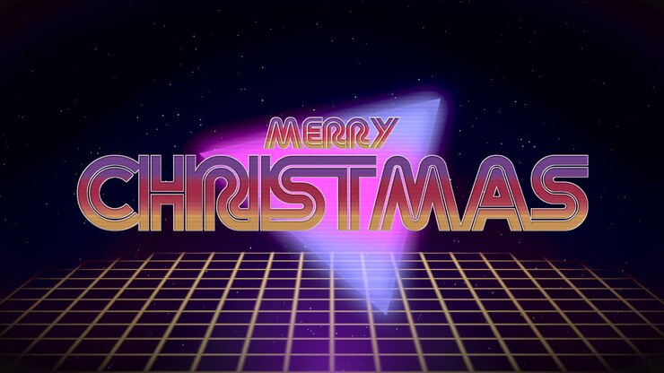 Merry Christmas text with neon triangle and grid in dark galaxy