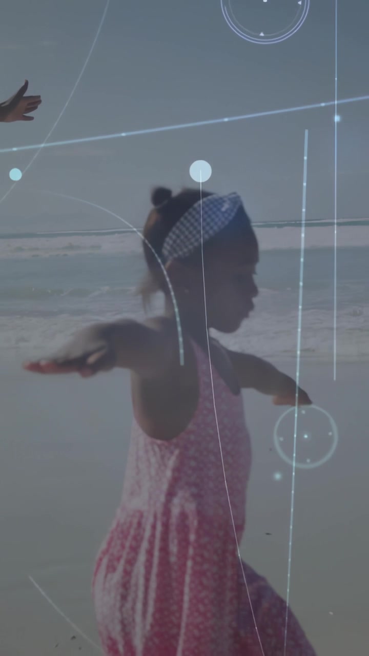 Child walking along shore balancing with guardian guiding, tech overlays forming around silhouette
