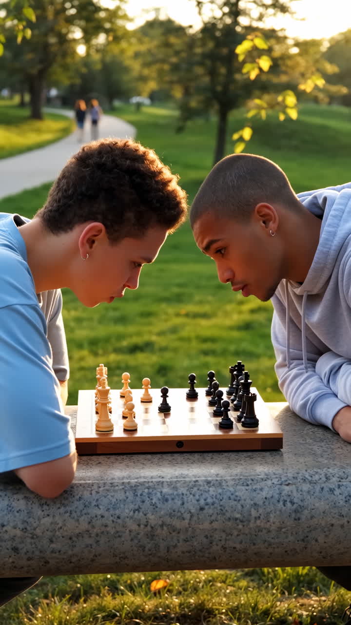 Two young men intently playing chess in a park at sunset