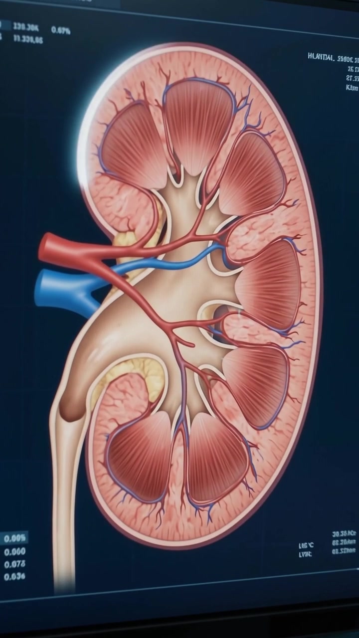 Medical Monitor Displaying Human Kidney Anatomy Diagram