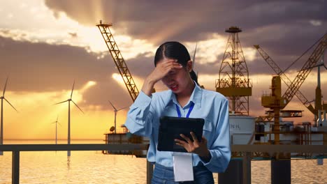 asian female professional worker standing with her tablet with offshore hydrogen production, high-tech industrial facility, she is nodding her shead with dissapionted