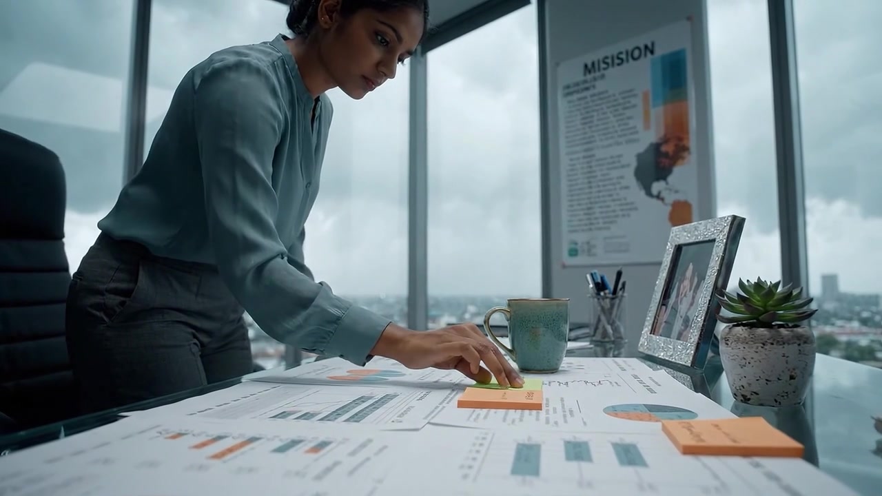 Focused Businesswoman Analyzing Data and Planning Strategy in Modern Office with Charts, Graphs, and Stationery for Effective Decision Making and Growth.