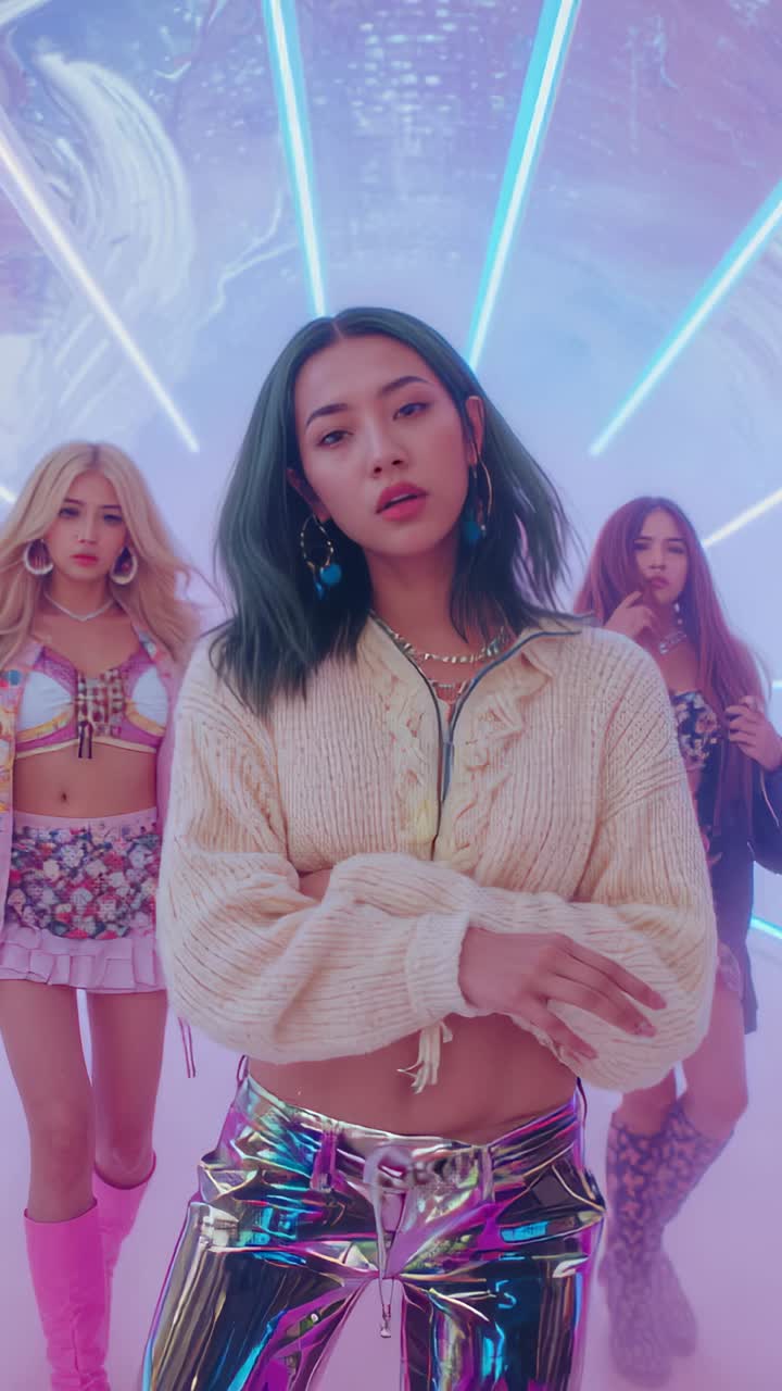 Vertical video: Advancing dance troupe into misty neon tunnel, with pulsing beat driving hip sways