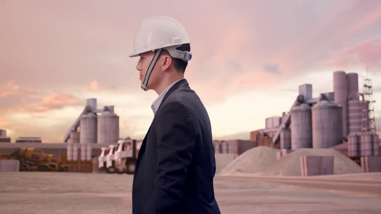 Vista lateral de empresario asiático sosteniendo un plano mientras camina en una planta de cemento industrial al atardecer.