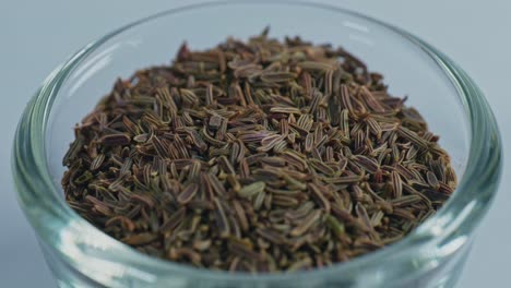 caraway seeds or shah jeera in small glass bowl, 4k, parallax shot.