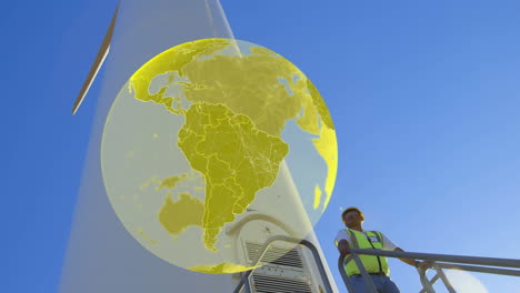 animation of globe over engineer wind turbine in countryside