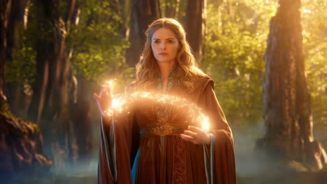 sorceress casting a spell in a mystical forest