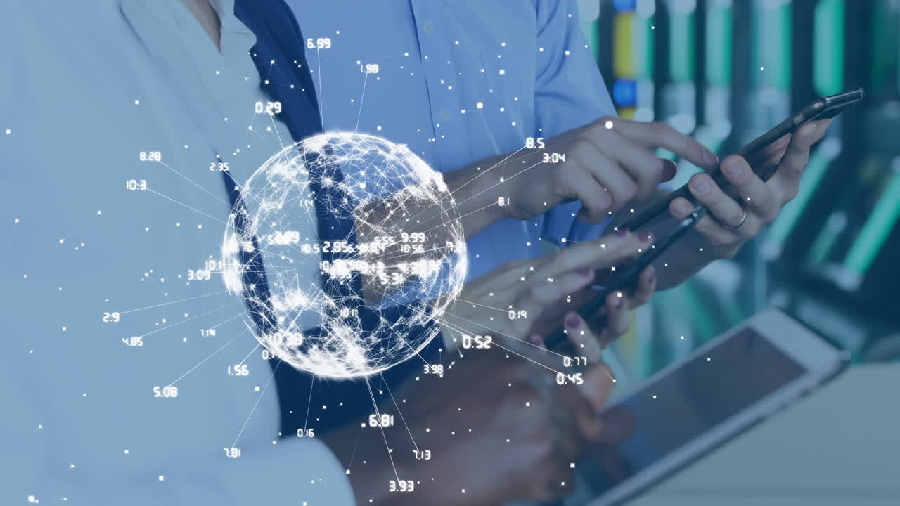 전자 장치를 사용하는 사람들에 대한 연결 및 데이터 처리 네트워크의 지구의 애니메이션