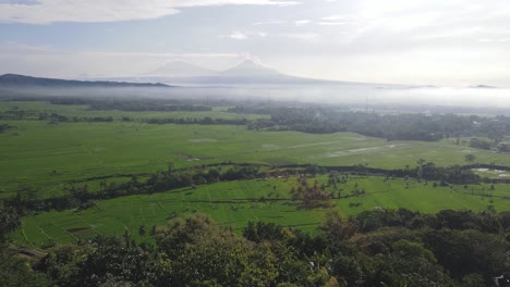 Panorama-De-La-Vista-Matutina-Del-Pueblo-De-Nanggulang-Que-Muestra-La-Extensión-De-Los-Campos-De-Arroz-Y-El-Monte-Merapi,-Por-La-Mañana